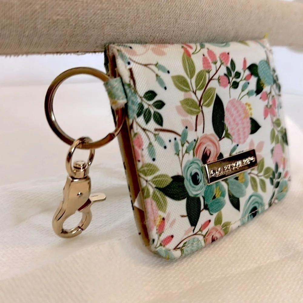 Mary Square ID Wallet with keychain- peach floral NWOT